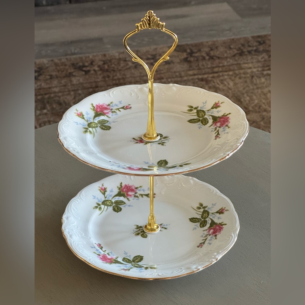 Vintage Royal Kent Bavarian Rose Floral Custom Handcrafted Two-Tier Gold Tray